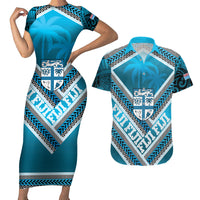 Custom Fiji Rugby Couples Matching Short Sleeve Bodycon Dress and Hawaiian Shirt Fijian Warrior With Polynesian Tribal Tattoos LT9 Blue - Polynesian Pride