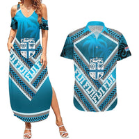 Custom Fiji Rugby Couples Matching Summer Maxi Dress and Hawaiian Shirt Fijian Warrior With Polynesian Tribal Tattoos LT9 Blue - Polynesian Pride