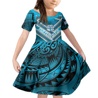Custom Fiji Rugby Family Matching Mermaid Dress and Hawaiian Shirt Fijian Warrior With Polynesian Tribal Tattoos LT9 Daughter's Dress Blue - Polynesian Pride