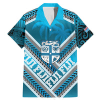 Custom Fiji Rugby Family Matching Mermaid Dress and Hawaiian Shirt Fijian Warrior With Polynesian Tribal Tattoos LT9 Dad's Shirt - Short Sleeve Blue - Polynesian Pride