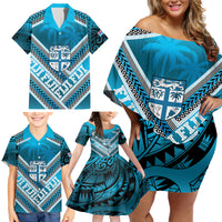 Custom Fiji Rugby Family Matching Off Shoulder Short Dress and Hawaiian Shirt Fijian Warrior With Polynesian Tribal Tattoos LT9 - Polynesian Pride