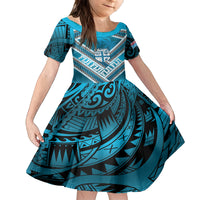 Custom Fiji Rugby Family Matching Puletasi and Hawaiian Shirt Fijian Warrior With Polynesian Tribal Tattoos LT9 Daughter's Dress Blue - Polynesian Pride
