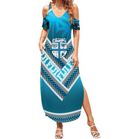 Custom Fiji Rugby Summer Maxi Dress Fijian Warrior With Polynesian Tribal Tattoos LT9 Women Blue - Polynesian Pride