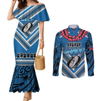 Custom Manuma Samoa Rugby Couples Matching Mermaid Dress and Long Sleeve Button Shirt Ula fala Samoan Siva Tau Tribal LT9 Blue - Polynesian Pride