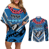 Custom Manuma Samoa Rugby Couples Matching Off Shoulder Short Dress and Long Sleeve Button Shirt Ula fala Samoan Siva Tau Tribal LT9 Blue - Polynesian Pride