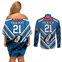 Custom Manuma Samoa Rugby Couples Matching Off Shoulder Short Dress and Long Sleeve Button Shirt Ula fala Samoan Siva Tau Tribal LT9 - Polynesian Pride