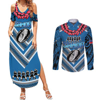 Custom Manuma Samoa Rugby Couples Matching Summer Maxi Dress and Long Sleeve Button Shirt Ula fala Samoan Siva Tau Tribal LT9 Blue - Polynesian Pride