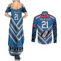 Custom Manuma Samoa Rugby Couples Matching Summer Maxi Dress and Long Sleeve Button Shirt Ula fala Samoan Siva Tau Tribal LT9 - Polynesian Pride