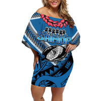 Custom Manuma Samoa Rugby Off Shoulder Short Dress Ula fala Samoan Siva Tau Tribal LT9 Women Blue - Polynesian Pride