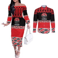 New Zealand Rugby Pacific Custom Couples Matching Off The Shoulder Long Sleeve Dress and Long Sleeve Button Shirt Whatumoana Maori Kowhaiwhai Pattern LT9 Blue - Polynesian Pride