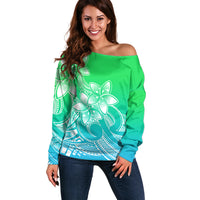 Polynesian Pride Plumeria Flowers Off Shoulder Sweater Polynesian Tribal Gradient Green LT9 Women Green - Polynesian Pride