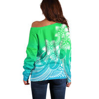 Polynesian Pride Plumeria Flowers Off Shoulder Sweater Polynesian Tribal Gradient Green LT9 - Polynesian Pride