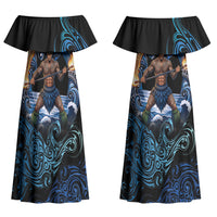 Samoa Siva Afi Couples Matching Off Shoulder Maxi Dress and Long Sleeve Button Shirt Fireknife Fire Dance Pacific Tribal Motif