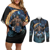 Samoa Siva Afi Couples Matching Off Shoulder Short Dress and Long Sleeve Button Shirt Fireknife Fire Dance Pacific Tribal Motif
