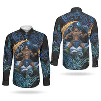 Samoa Siva Afi Couples Matching Summer Maxi Dress and Long Sleeve Button Shirt Fireknife Fire Dance Pacific Tribal Motif