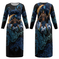 Samoa Siva Afi Family Matching Long Sleeve Bodycon Dress and Hawaiian Shirt Fireknife Fire Dance Pacific Tribal Motif