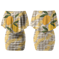 Maku'e Hawaiian Mango Palaka Family Matching Off Shoulder Short Dress and Hawaiian Shirt Aloha Hibiscus Pikake Lei