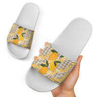 Maku'e Hawaiian Mango Palaka Slide Sandals Aloha Hibiscus Pikake Lei