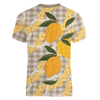 Maku'e Hawaiian Mango Palaka Women V-Neck T-Shirt Aloha Hibiscus Pikake Lei