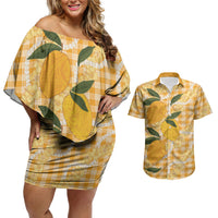 Alani Hawaiian Mango Palaka Couples Matching Off Shoulder Short Dress and Hawaiian Shirt Aloha Hibiscus Pikake Lei