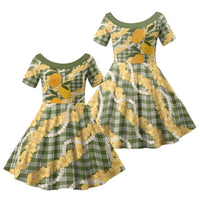 Uliuli Ahiahia Hawaiian Mango Palaka Family Matching Off The Shoulder Long Sleeve Dress and Hawaiian Shirt Aloha Hibiscus Pikake Lei