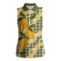 Uliuli Ahiahia Hawaiian Mango Palaka Women Sleeveless Polo Shirt Aloha Hibiscus Pikake Lei