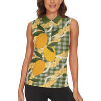Uliuli Ahiahia Hawaiian Mango Palaka Women Sleeveless Polo Shirt Aloha Hibiscus Pikake Lei