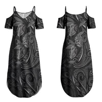 Hawaiian Mango Tribal Tattoo Couples Matching Summer Maxi Dress and Long Sleeve Button Shirt Black White Pacific Traditional Pattern