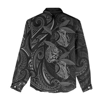 Hawaiian Mango Tribal Tattoo Women Casual Shirt Black White Pacific Traditional Pattern