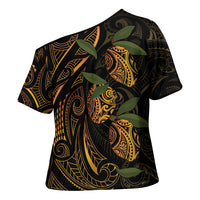 Hawaiian Mango Tribal Tattoo Cross Shoulder Shirt Gold Pacific Traditional Pattern