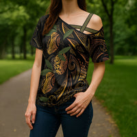 Hawaiian Mango Tribal Tattoo Cross Shoulder Shirt Gold Pacific Traditional Pattern