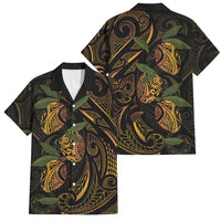 Hawaiian Mango Tribal Tattoo Family Matching Off Shoulder Short Dress and Hawaiian Shirt Gold Pacific Traditional Pattern
