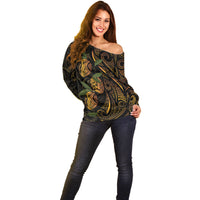 Hawaiian Mango Tribal Tattoo Off Shoulder Sweater Gold Pacific Traditional Pattern