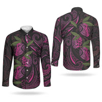 Hawaiian Mango Tribal Tattoo Couples Matching Puletasi and Long Sleeve Button Shirt Pink Pacific Traditional Pattern