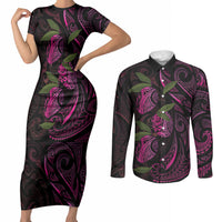 Hawaiian Mango Tribal Tattoo Couples Matching Short Sleeve Bodycon Dress and Long Sleeve Button Shirt Pink Pacific Traditional Pattern