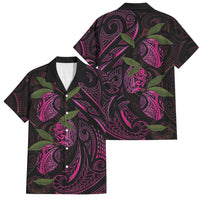 Hawaiian Mango Tribal Tattoo Family Matching Off The Shoulder Long Sleeve Dress and Hawaiian Shirt Pink Pacific Traditional Pattern