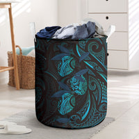 Hawaiian Mango Tribal Tattoo Laundry Basket Teal Pacific Traditional Pattern