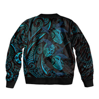 Hawaiian Mango Tribal Tattoo Bomber Jacket Teal Pacific Traditional Pattern