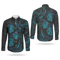 Hawaiian Mango Tribal Tattoo Couples Matching Tank Maxi Dress and Long Sleeve Button Shirt Teal Pacific Traditional Pattern