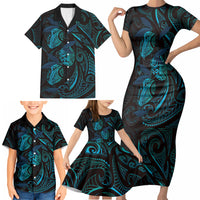 Hawaiian Mango Tribal Tattoo Family Matching Short Sleeve Bodycon Dress and Hawaiian Shirt Teal Pacific Traditional Pattern