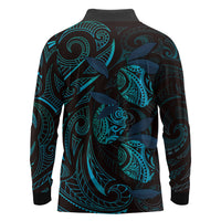 Hawaiian Mango Tribal Tattoo Long Sleeve Polo Shirt Teal Pacific Traditional Pattern