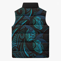 Hawaiian Mango Tribal Tattoo Sleeveless Puffer Jacket Teal Pacific Traditional Pattern