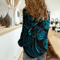 Hawaiian Mango Tribal Tattoo Women Casual Shirt Teal Pacific Traditional Pattern