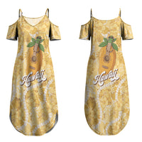 Hawaiian Mango Ukulele Couples Matching Summer Maxi Dress and Hawaiian Shirt Retro Yellow Hibiscus Pikake Lei