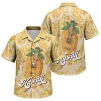 Hawaiian Mango Ukulele Family Matching Off Shoulder Maxi Dress and Hawaiian Shirt Retro Yellow Hibiscus Pikake Lei
