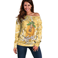 Hawaiian Mango Ukulele Off Shoulder Sweater Retro Yellow Hibiscus Pikake Lei