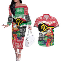 Personalised Vanuatu Joyeux Noel Couples Matching Off The Shoulder Long Sleeve Dress and Hawaiian Shirt Proud To Be a Ni-Van Sand Drawing Art - Polynesian Pride