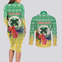Personalised Malampa Joyeux Noel Couples Matching Long Sleeve Bodycon Dress and Long Sleeve Button Shirt Proud To Be a Ni-Van Sand Drawing Art LT9 - Polynesian Pride