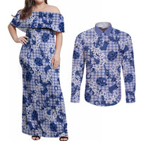 Mokihana Maile Ilima Leis Paniolo Palaka Couples Matching Off Shoulder Maxi Dress and Long Sleeve Button Shirt Hawaiian Polu Spirit - Polynesian Pride