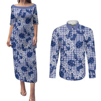 Mokihana Maile Ilima Leis Paniolo Palaka Couples Matching Puletasi and Long Sleeve Button Shirt Hawaiian Polu Spirit LT9 Blue - Polynesian Pride